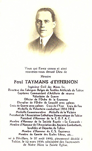 Annonce mortuaire de Paul Taymans recto